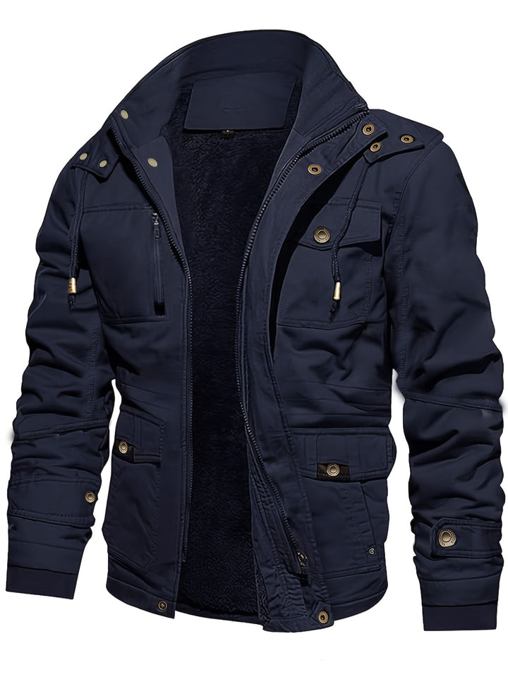 Men's Mid-Length Heavyweight Jacket with Detachable Hood and Pockets