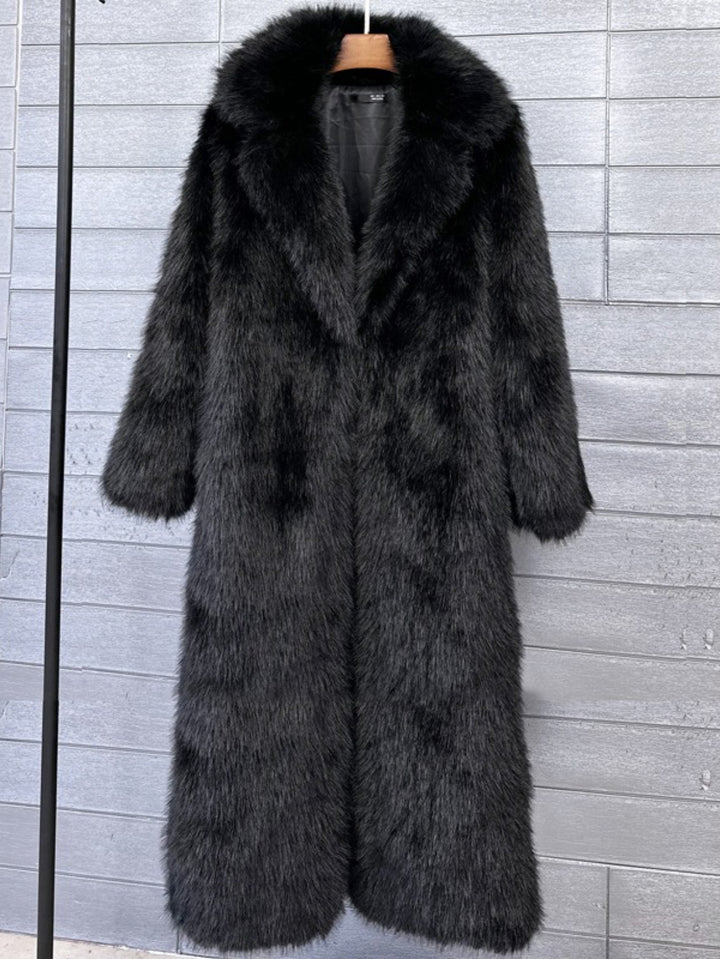 Women's Long Hooded Faux Winter Jacket with Asymmetrical Hem