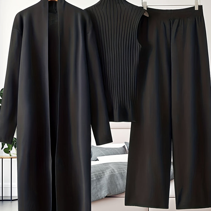 Women’s Loose Fashionable Three-Piece Set with Wide-Leg Pants, Cardigan, Vest