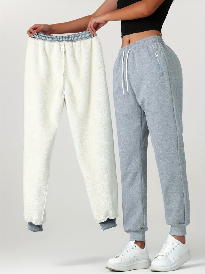 Women's Warm Casual Joggers with Elastic Waistband and Zippered Pockets