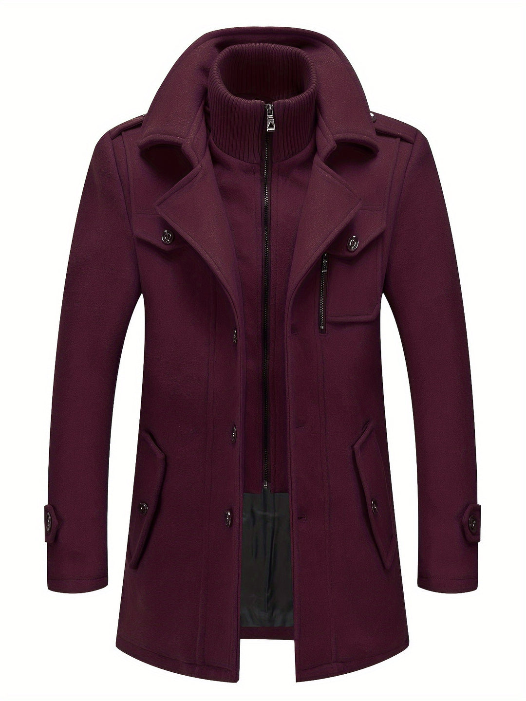Men's Stand Collar Fleece Blend Pea Coat Single Breasted Overcoat