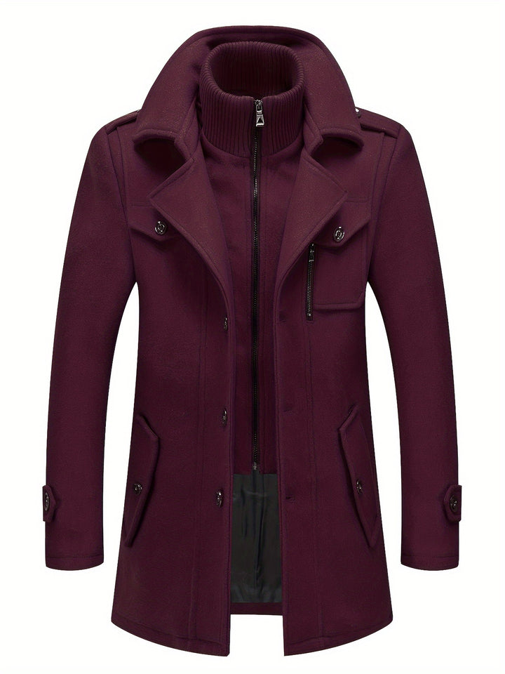 Men's Stand Collar Fleece Blend Pea Coat Single Breasted Overcoat