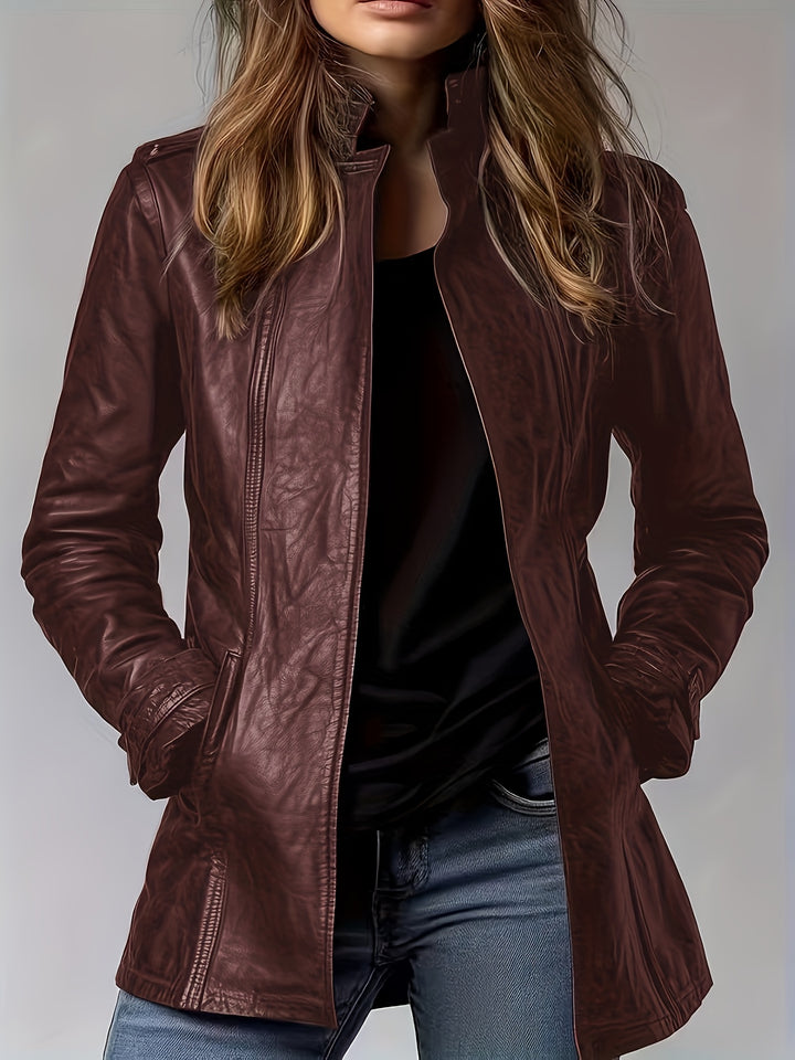 Women's Retro Motorcycle Jacket Elegant Vintage Blazer Mid-Length Coat