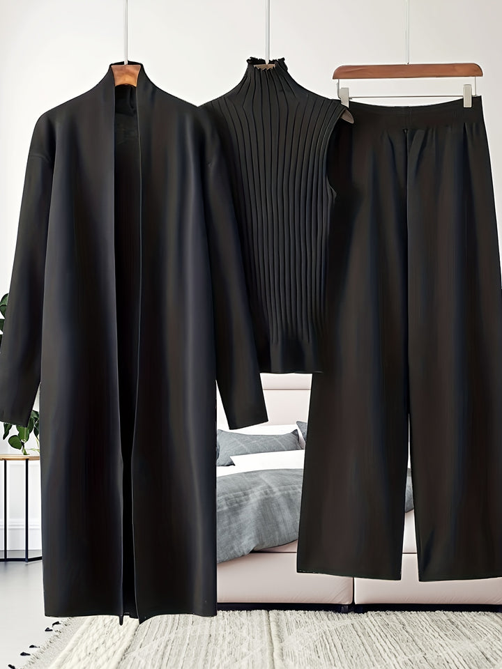 Women’s Loose Fashionable Three-Piece Set with Wide-Leg Pants, Cardigan, Vest
