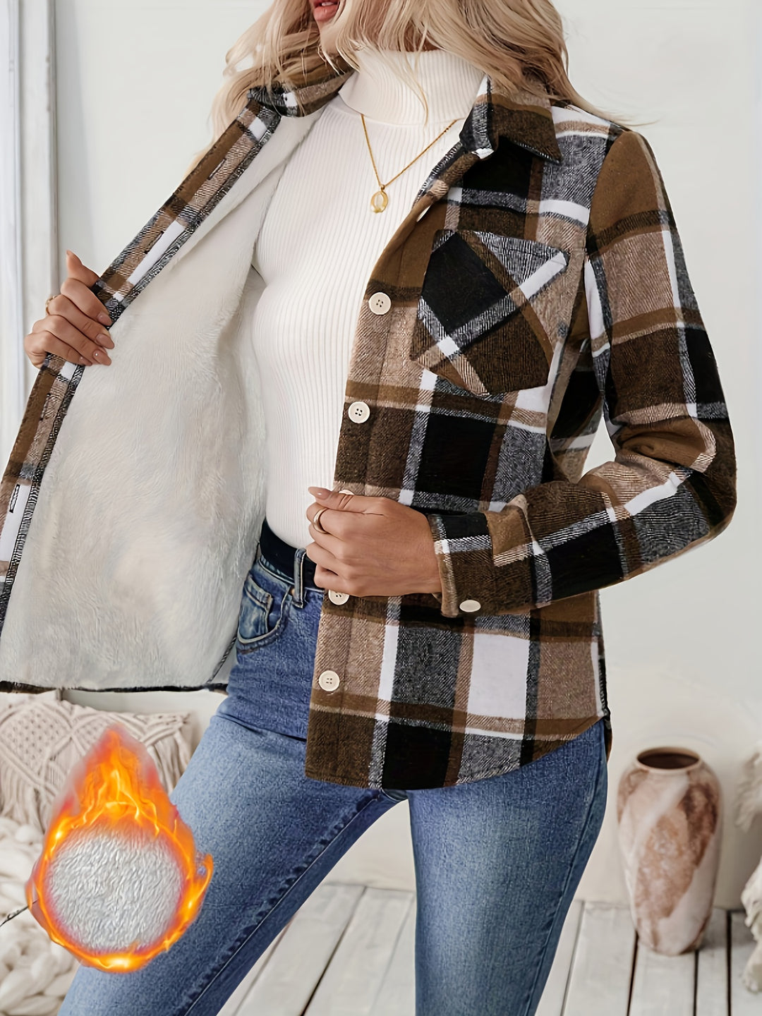 Women's Fleece-Lined Button-Up Shirt with Pockets Gingham Plaid