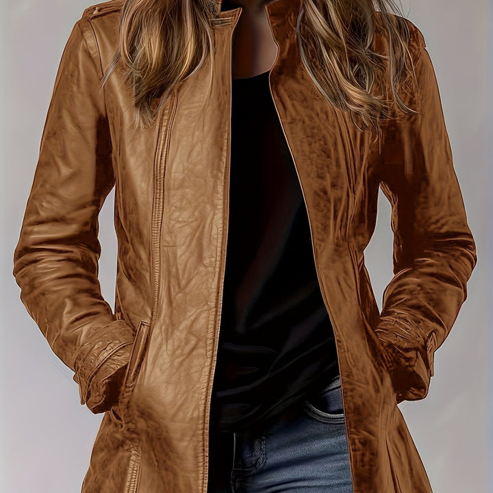 Women's Retro Motorcycle Jacket Elegant Vintage Blazer Mid-Length Coat