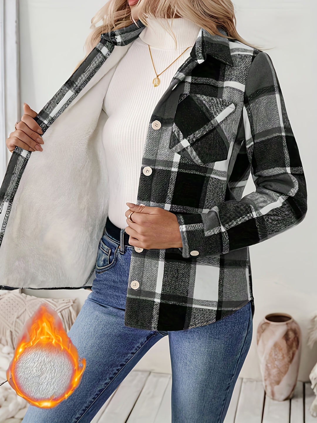 Women's Fleece-Lined Button-Up Shirt with Pockets Gingham Plaid