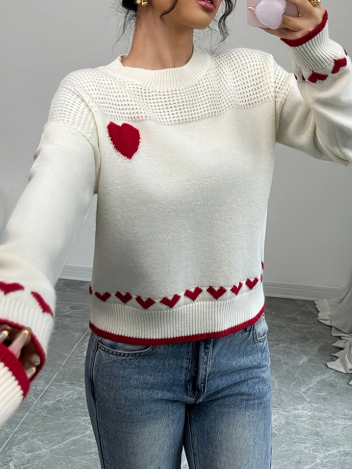 Women's Casual Heart Pattern Drop Shoulder Sweater
