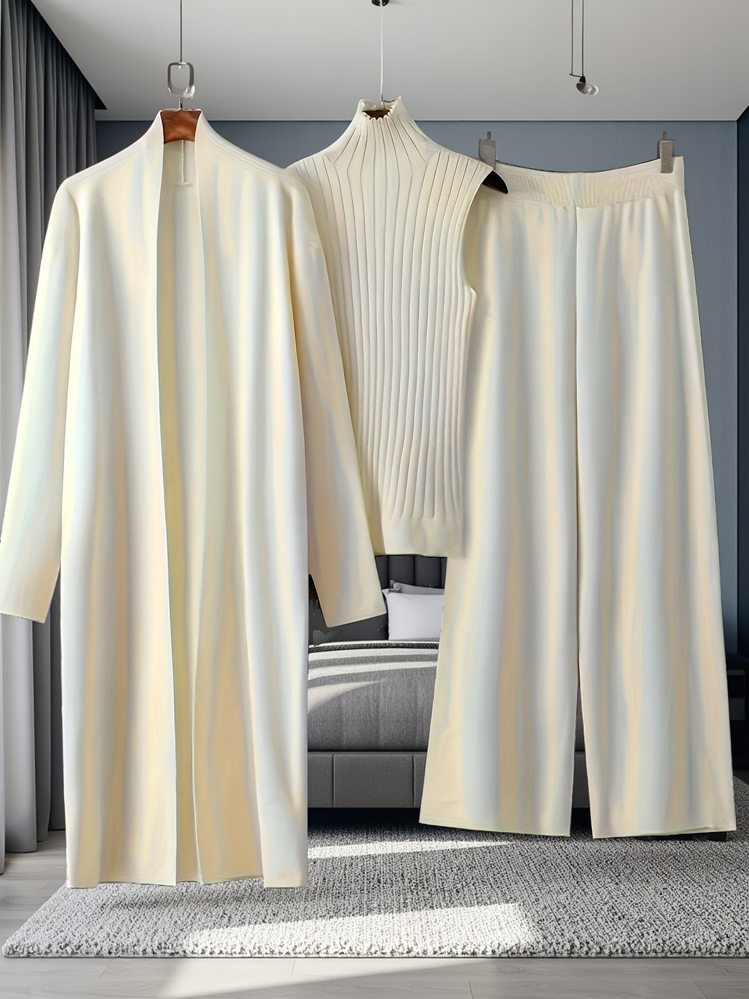 Women’s Loose Fashionable Three-Piece Set with Wide-Leg Pants, Cardigan, Vest