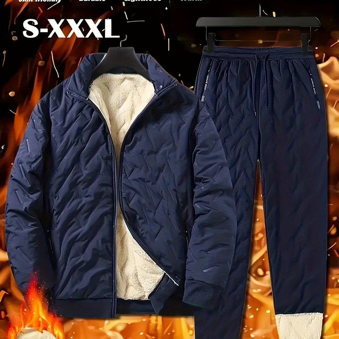 Men's Casual Two-Piece Fleece-Lined Jacket and Pants Set
