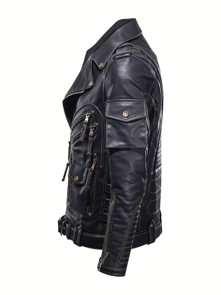 Men's Motorcycle Biker Jacket with Zipper Pockets and Adjustable Belt