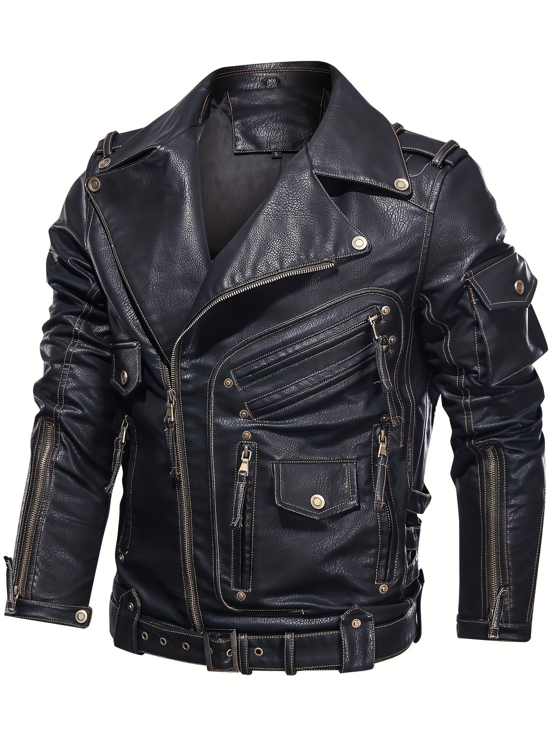 Men's Motorcycle Biker Jacket with Zipper Pockets and Adjustable Belt