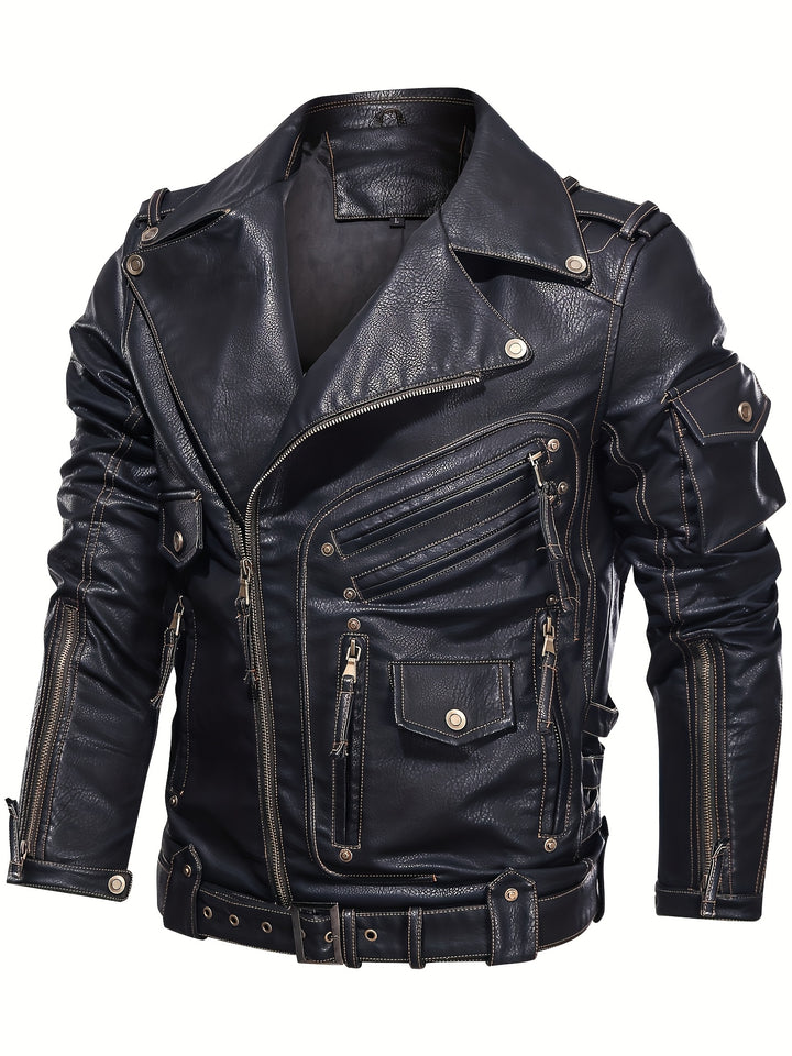 Men's Motorcycle Biker Jacket with Zipper Pockets and Adjustable Belt