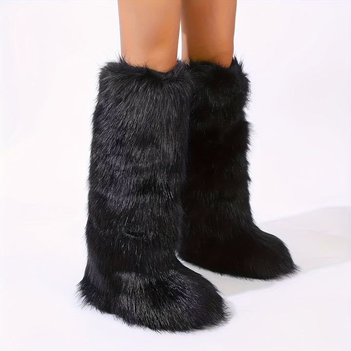 Knee-High Faux Fur Winter Boots for Women with Flat Heel and Round Toe