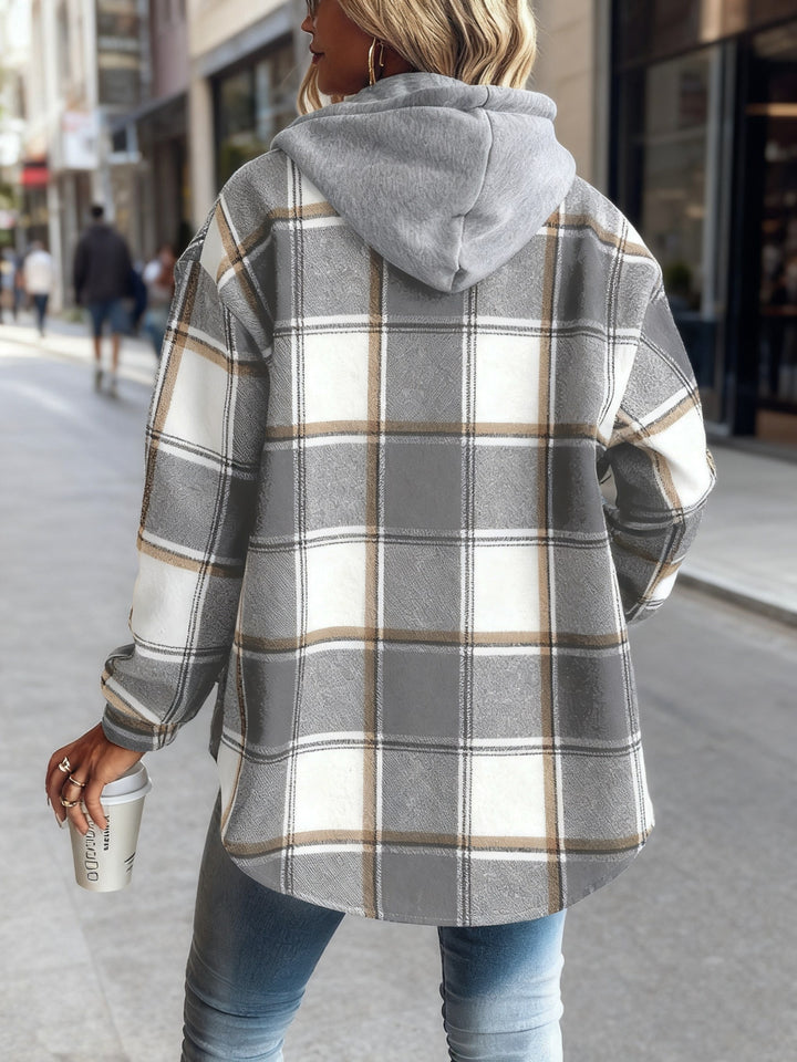 Women's Plaid Hooded Jacket with Lining Button-Front Closure