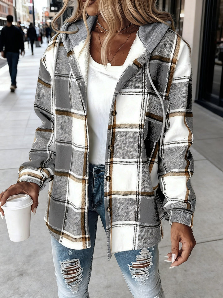 Women's Plaid Hooded Jacket with Lining Button-Front Closure