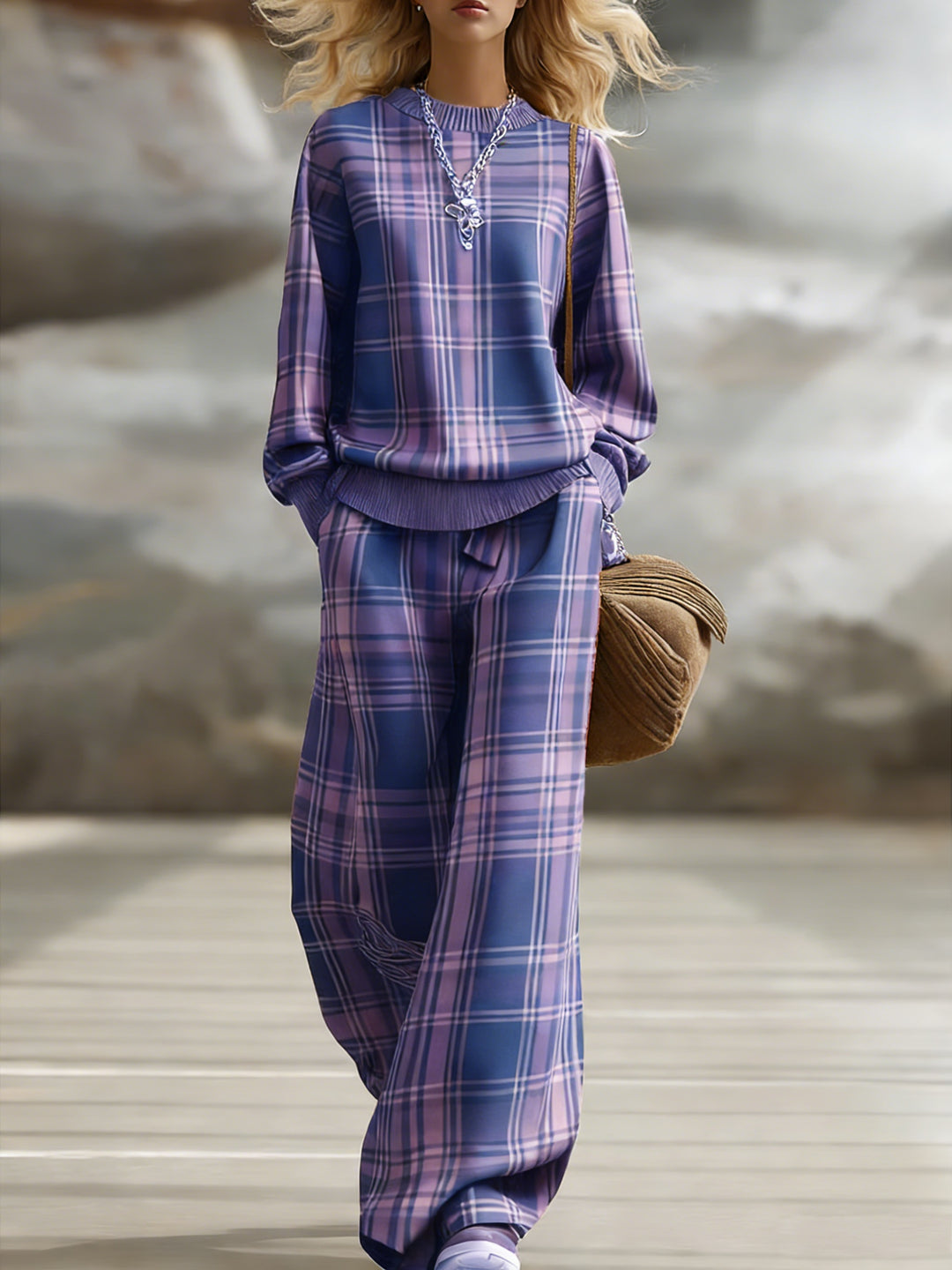 Vintage Plaid Wide-Leg Pants Set for Women