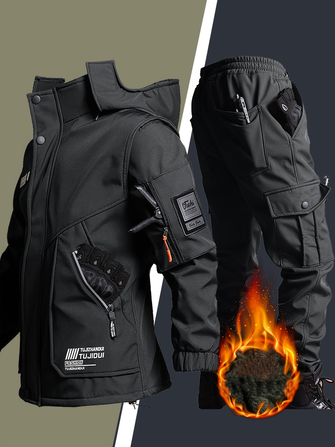 Men's Padded Winter Suit Hooded Jacket and Trousers Hiking Casual Wear