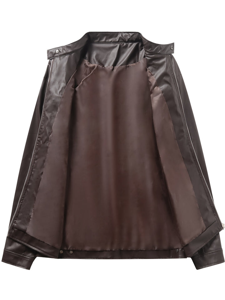 Men's Zip-Up Cardigan Multi-Pocket Motorcycle Jacket Leather Coat