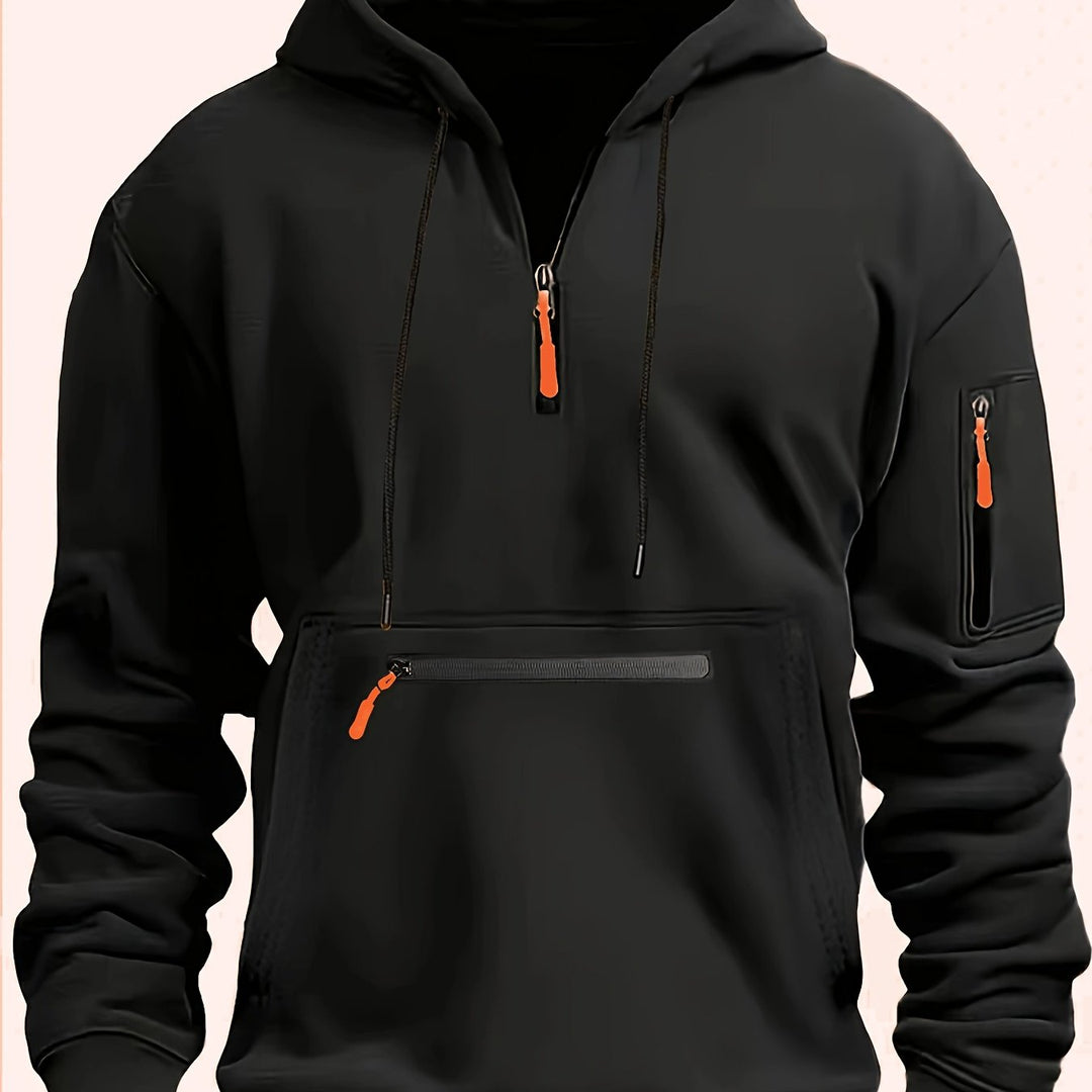 Men's Hooded Half-Zip Sweatshirt with Kangaroo and Zipper Pockets