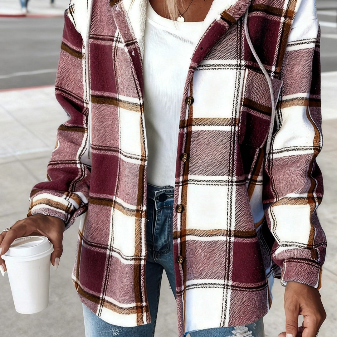 Women's Plaid Hooded Jacket with Lining Button-Front Closure