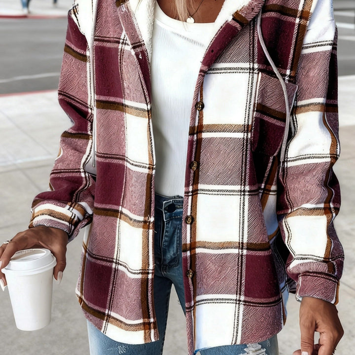 Women's Plaid Hooded Jacket with Lining Button-Front Closure