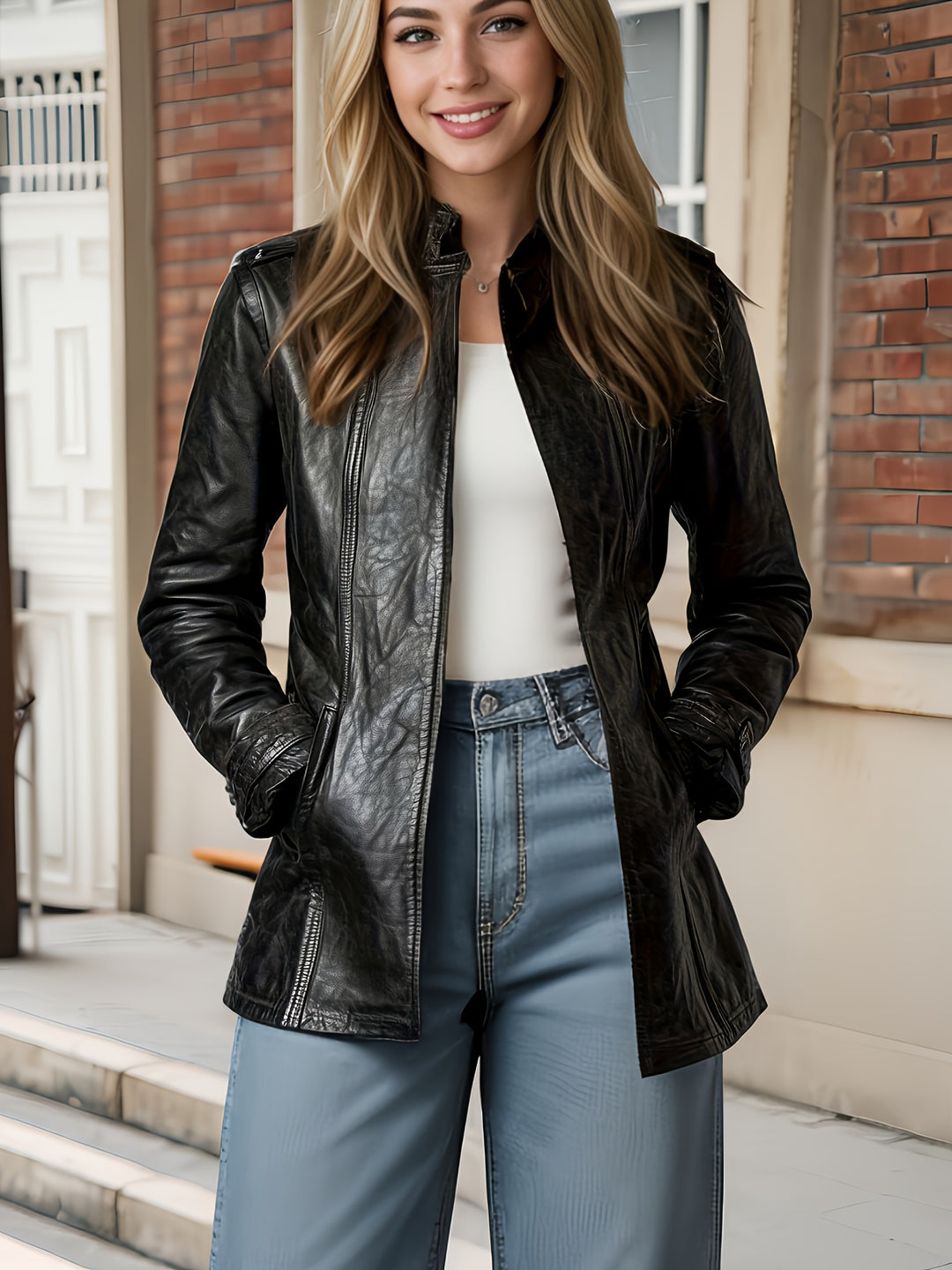 Women's Retro Motorcycle Jacket Elegant Vintage Blazer Mid-Length Coat
