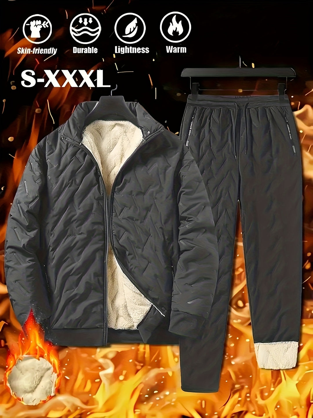 Men's Casual Two-Piece Fleece-Lined Jacket and Pants Set