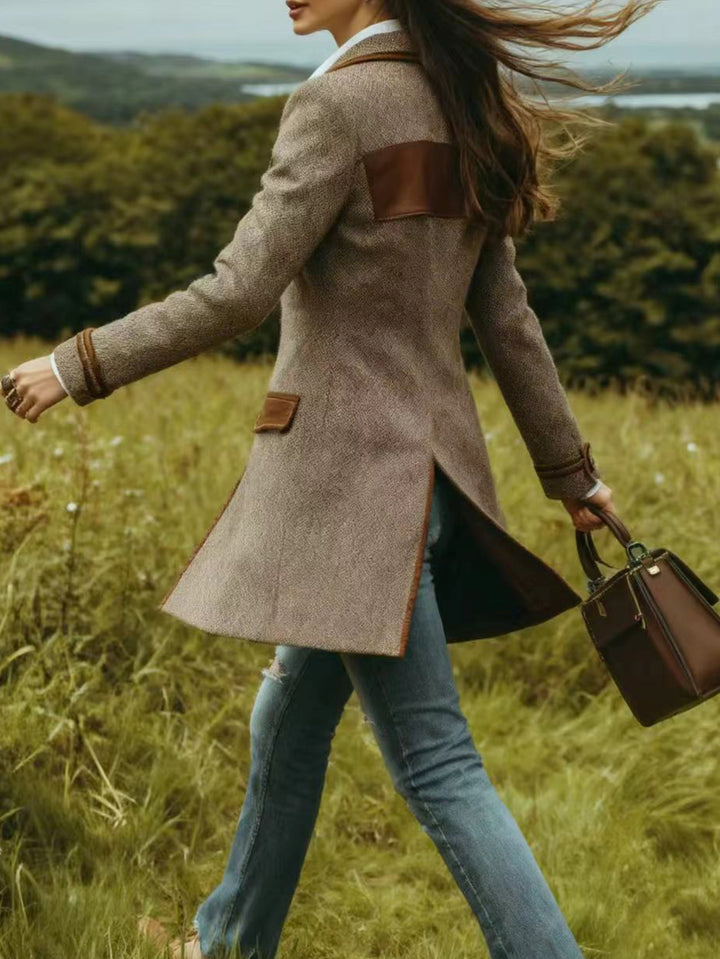 Women's Herringbone Patchwork Coat Jacket with Belt Button Closure