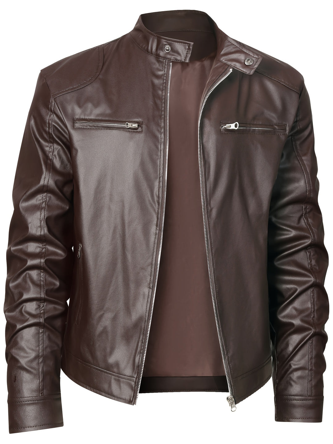Men's PU Leather Motorcycle Jacket Stand-up Collar Windproof Outerwear