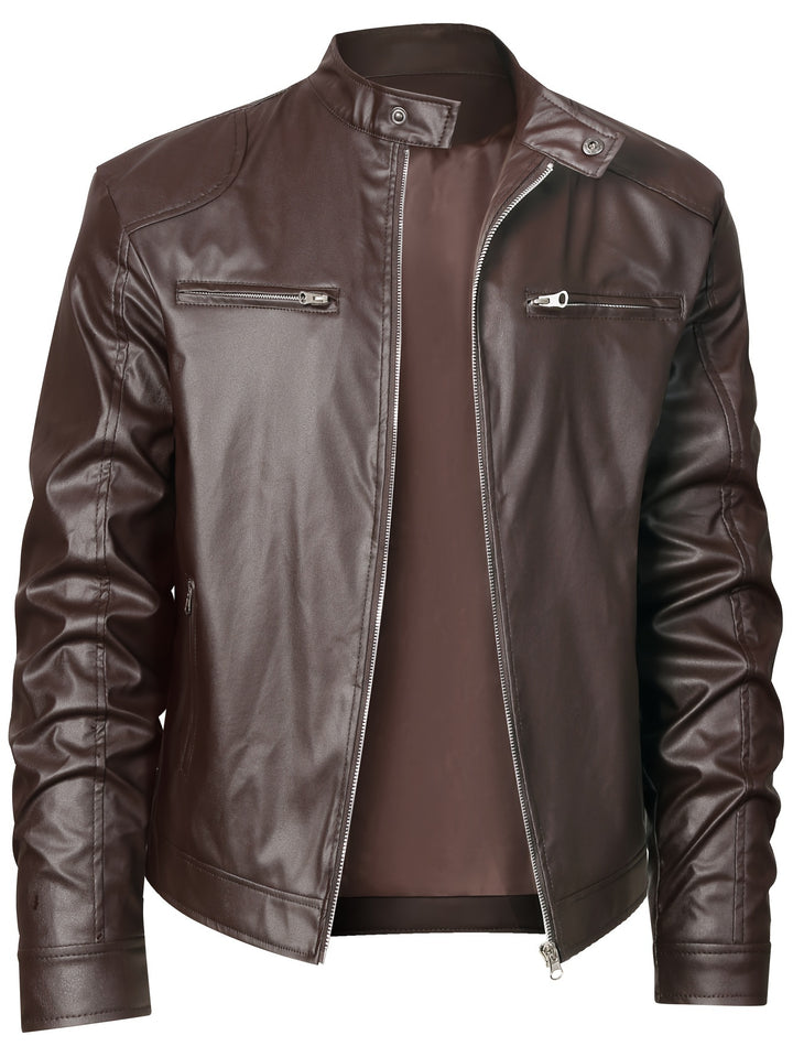 Men's PU Leather Motorcycle Jacket Stand-up Collar Windproof Outerwear