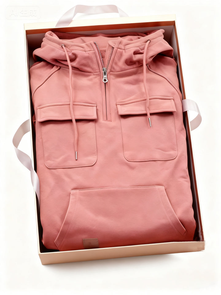 Men's Quarter Zip Hoodie Loose Fit Multi Pocket Sports Tactical