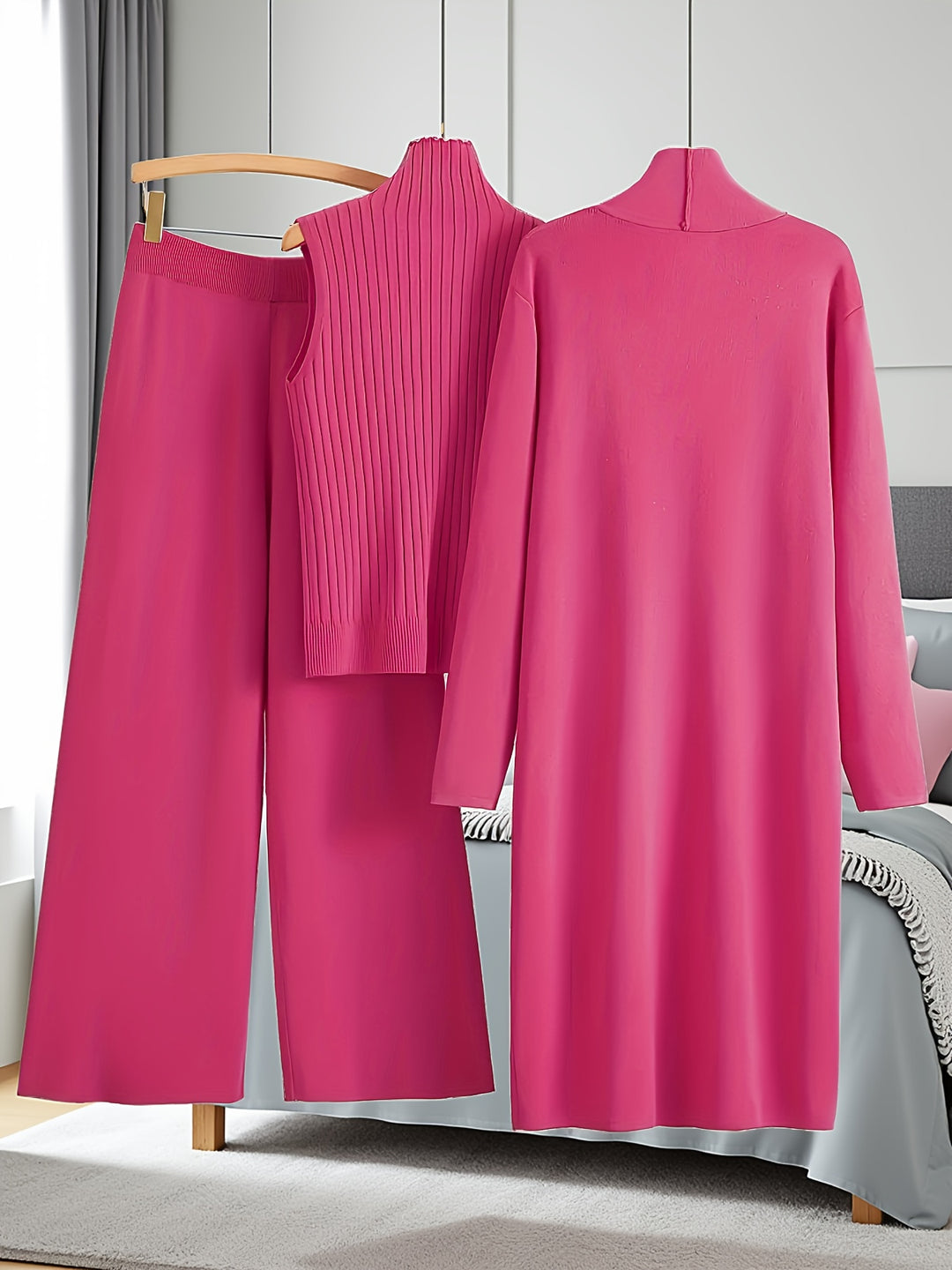 Women’s Loose Fashionable Three-Piece Set with Wide-Leg Pants, Cardigan, Vest