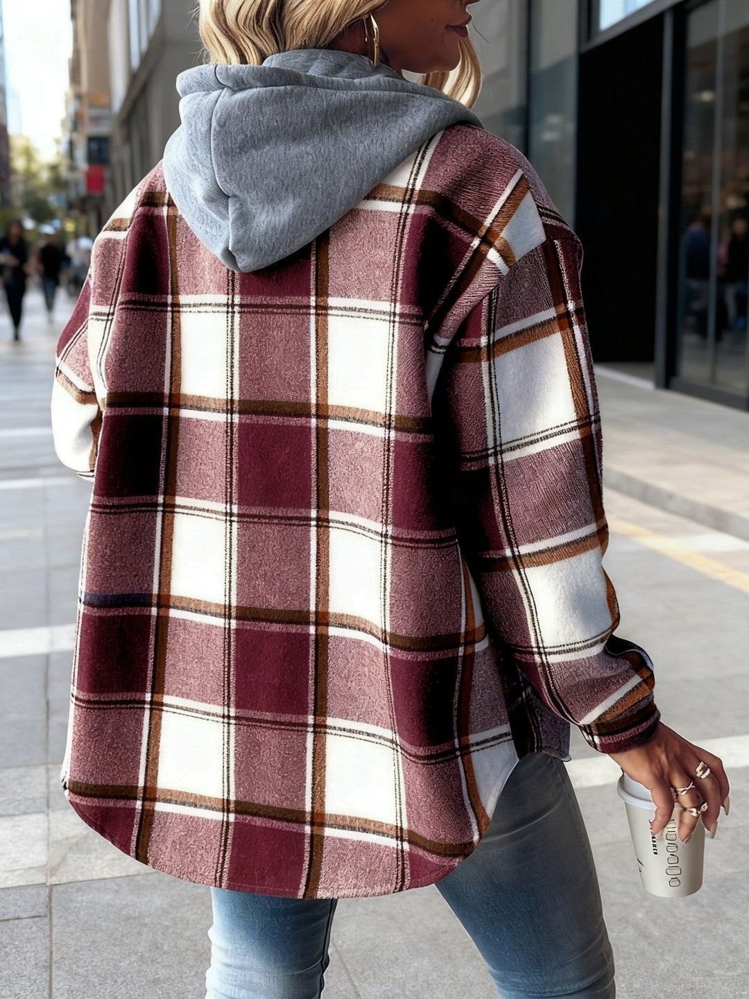 Women's Plaid Hooded Jacket with Lining Button-Front Closure