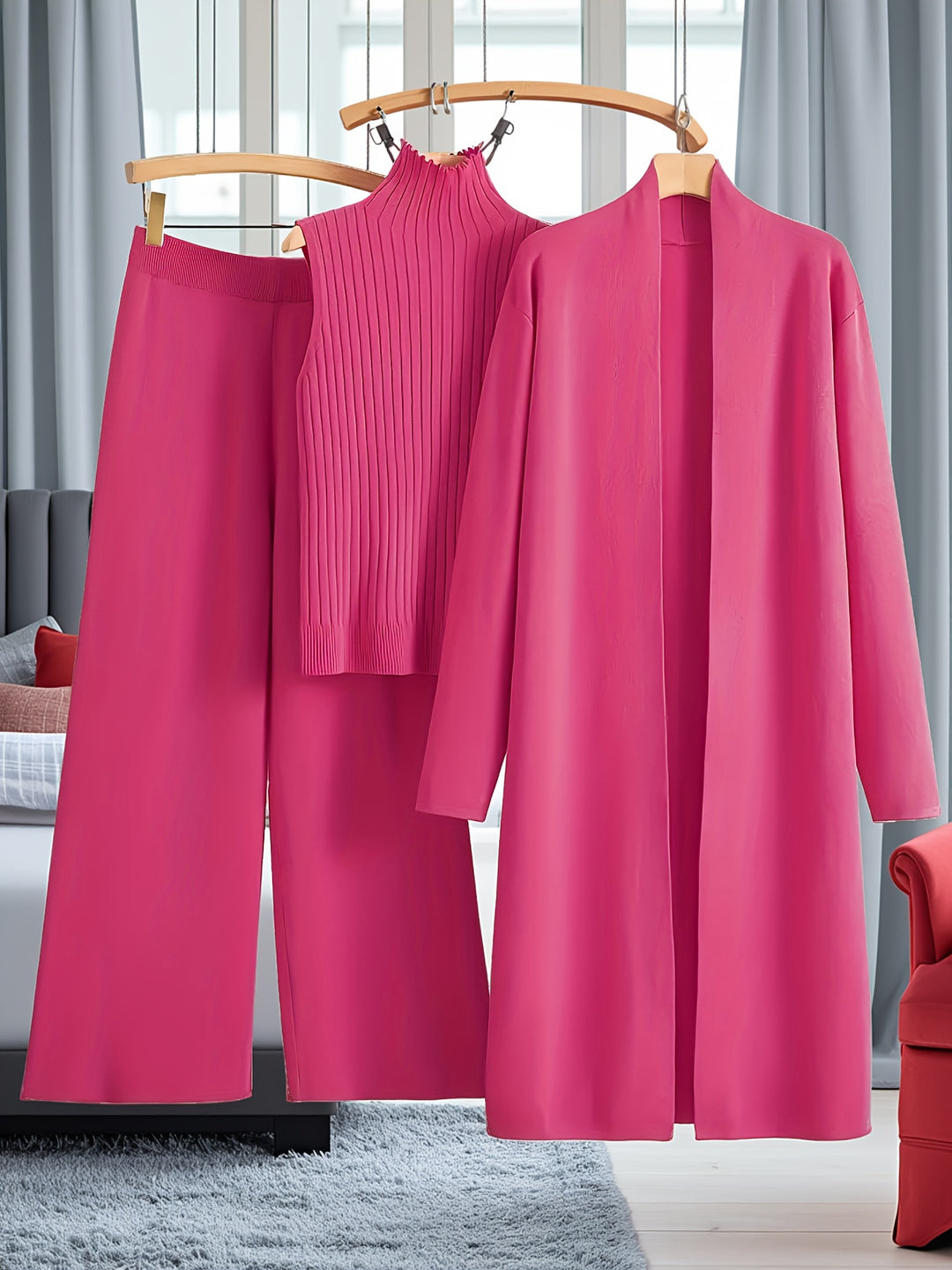 Women’s Loose Fashionable Three-Piece Set with Wide-Leg Pants, Cardigan, Vest