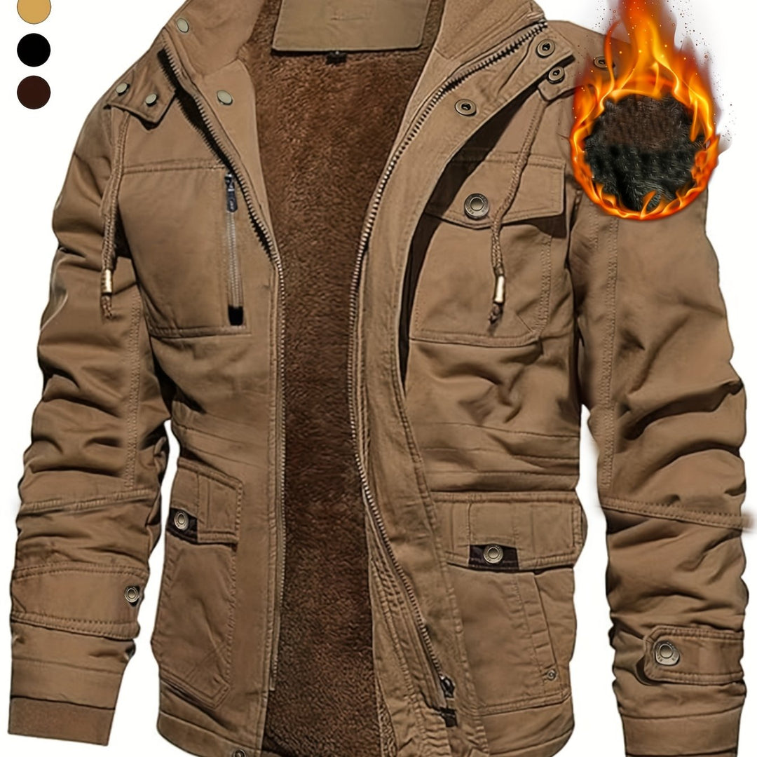 Men's Mid-Length Heavyweight Jacket with Detachable Hood and Pockets