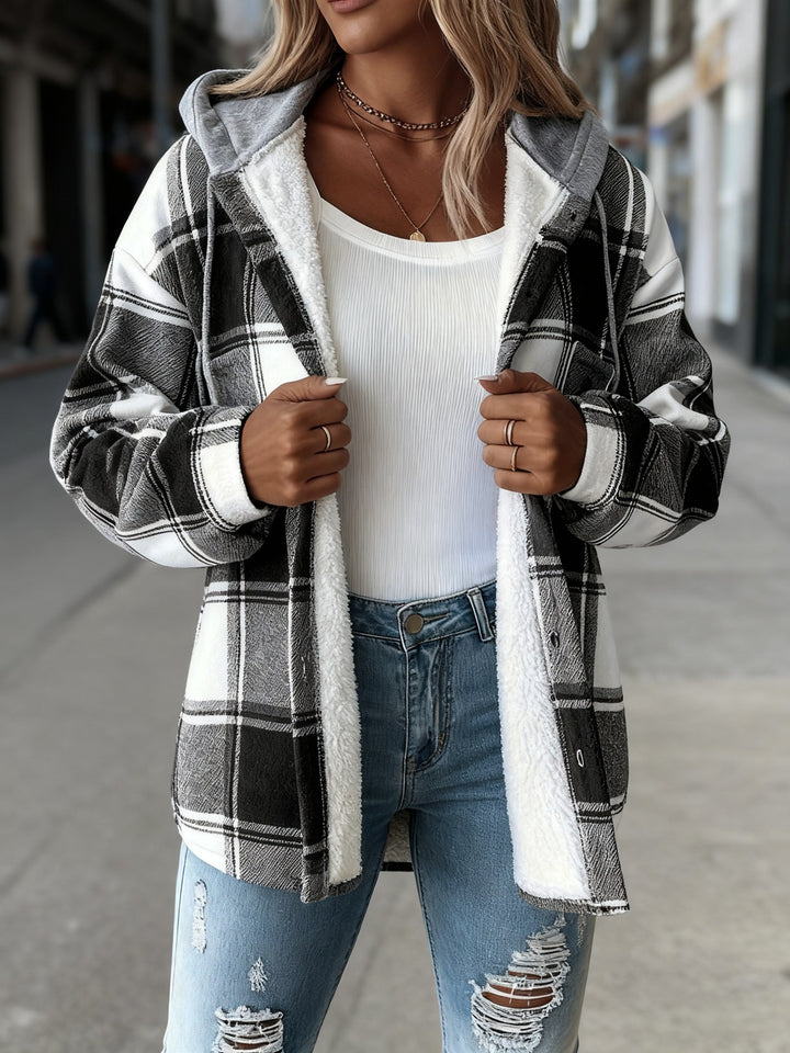Women's Plaid Hooded Jacket with Lining Button-Front Closure