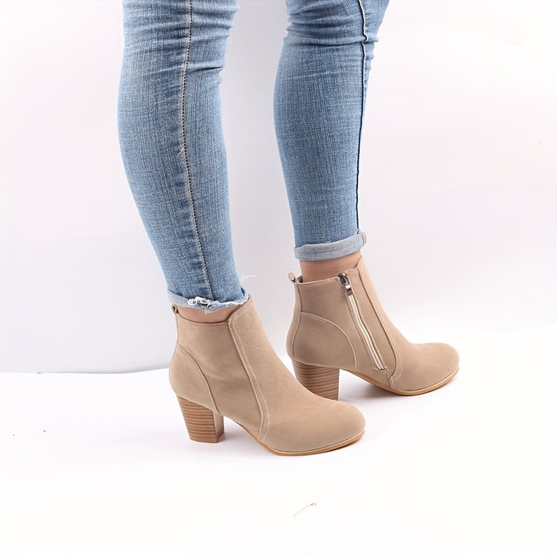 Women's High-Heel Ankle Boots with Round Toe and Side Zip