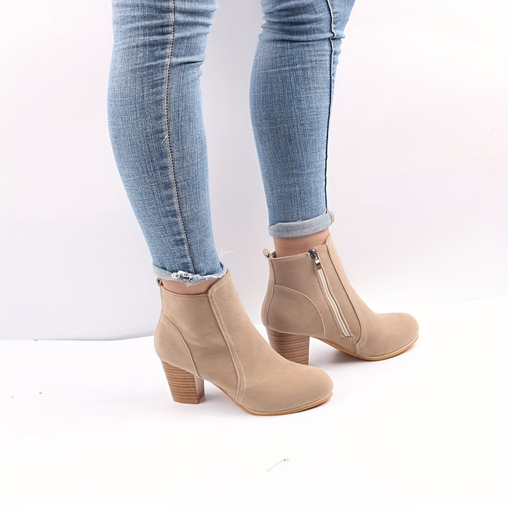 Women's High-Heel Ankle Boots with Round Toe and Side Zip