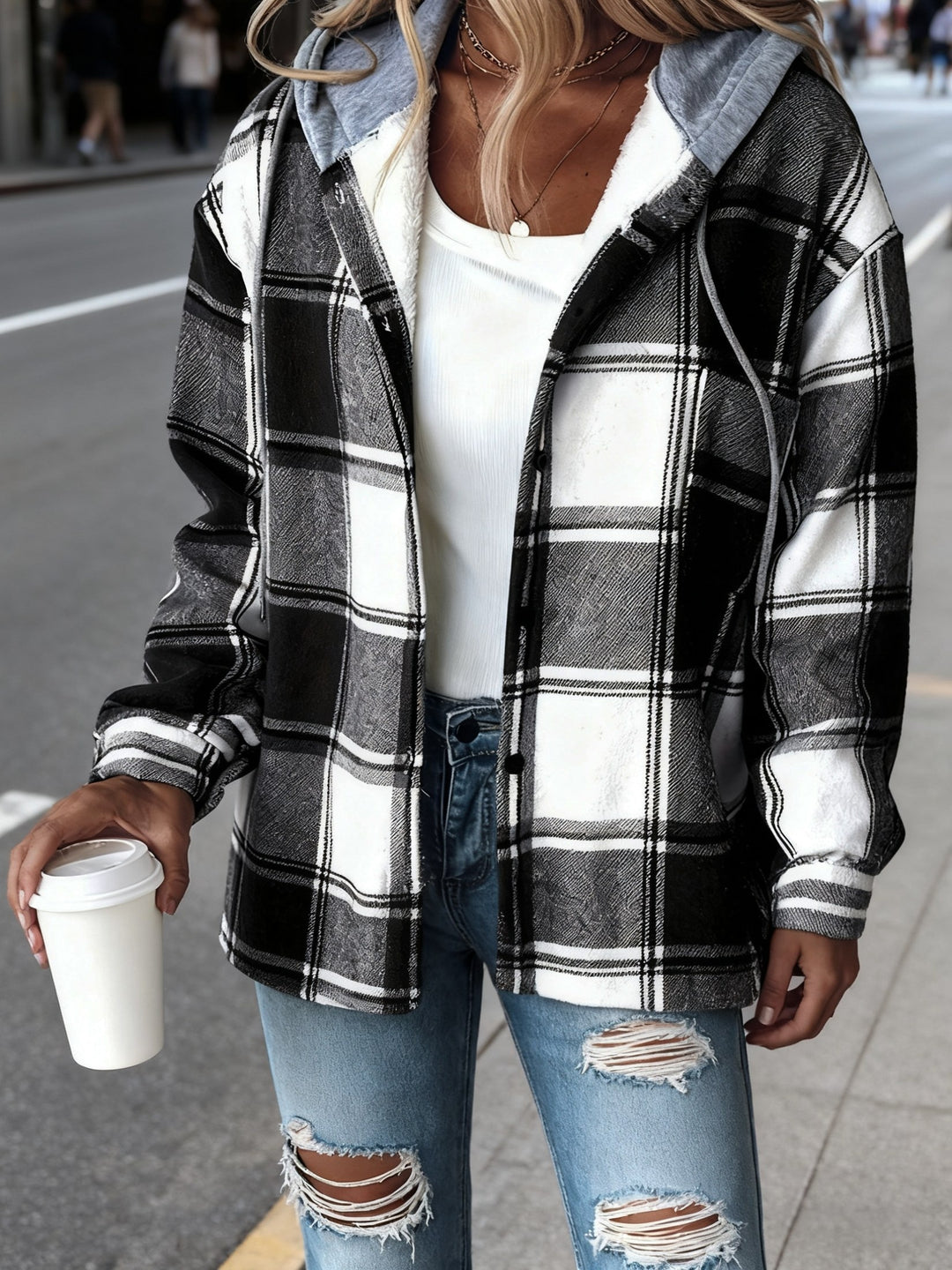 Women's Plaid Hooded Jacket with Lining Button-Front Closure