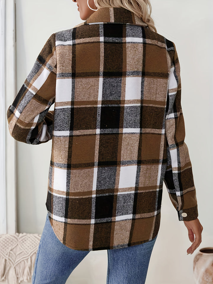Women's Fleece-Lined Button-Up Shirt with Pockets Gingham Plaid