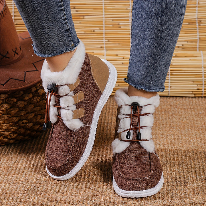 Women's Winter Slip-On Shoes with Faux Fur Collar and Round Toe