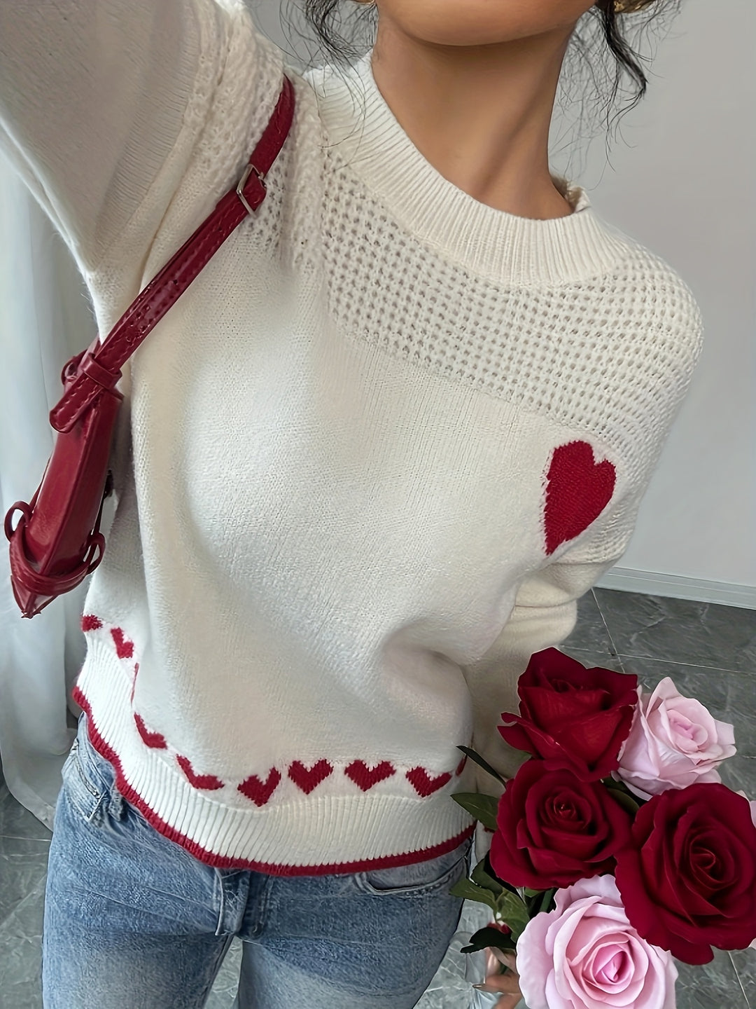Women's Casual Heart Pattern Drop Shoulder Sweater