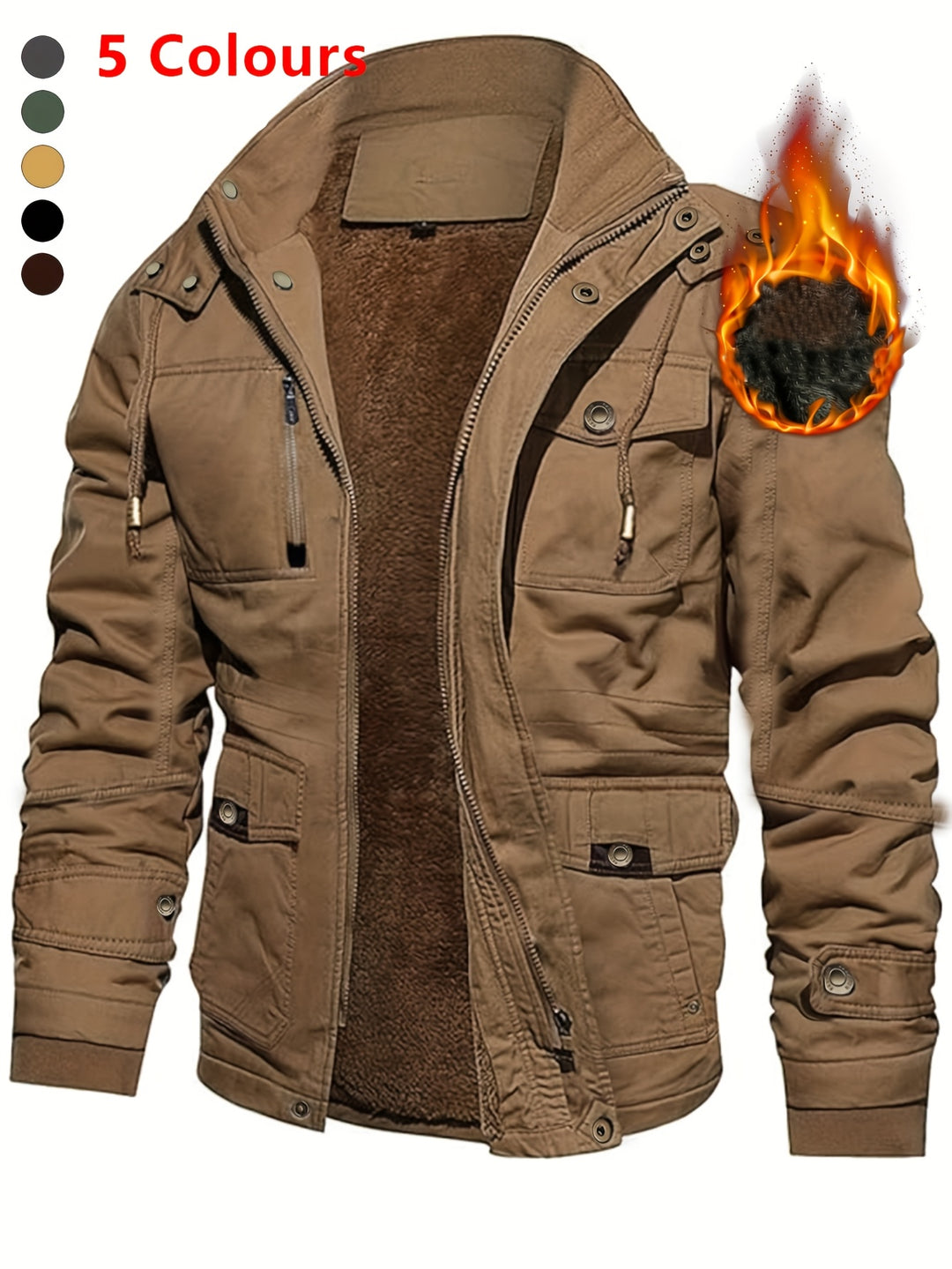 Men's Mid-Length Heavyweight Jacket with Detachable Hood and Pockets