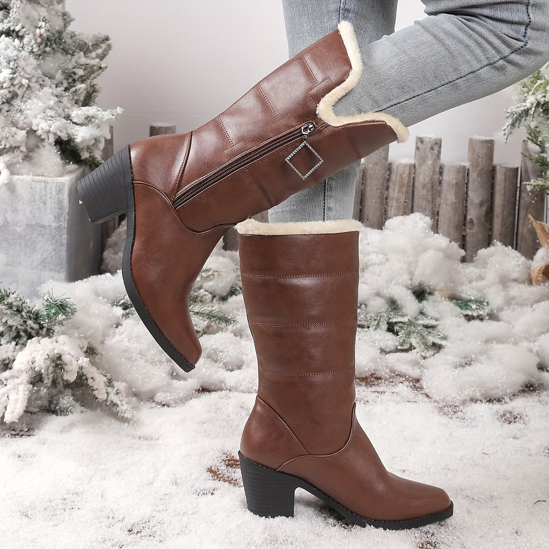 Women's Fashion Boots with Chunky Heel and Side Zipper
