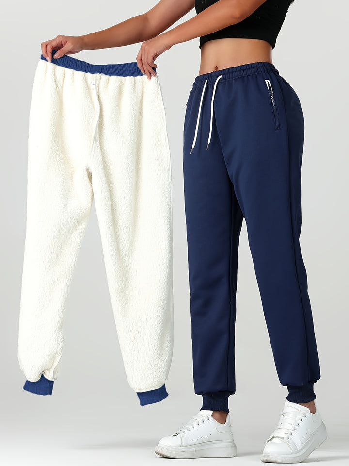 Women's Warm Casual Joggers with Elastic Waistband and Zippered Pockets