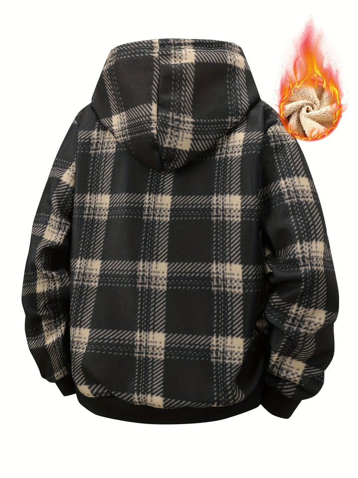Men's Plaid Fleece-Lined Zip-Up Cardigan with Hood and Pockets