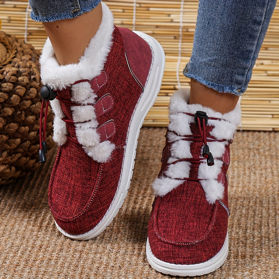 Women's Winter Slip-On Shoes with Faux Fur Collar and Round Toe
