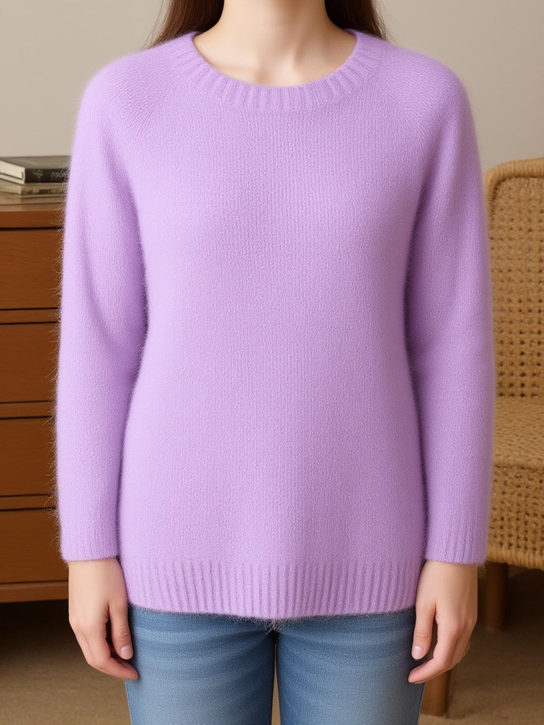 Women's Mohair Blend Sweater with Raglan Sleeve and Drop Shoulder Design