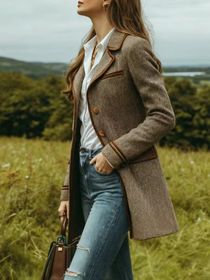 Women's Herringbone Patchwork Coat Jacket with Belt Button Closure